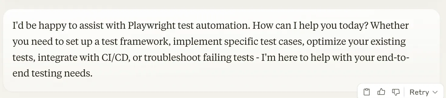 Chat response offering assistance with Playwright test automation.