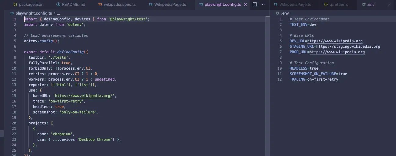 Screenshot of a code editor displaying a Playwright configuration file in TypeScript and a .env environment configuration file.