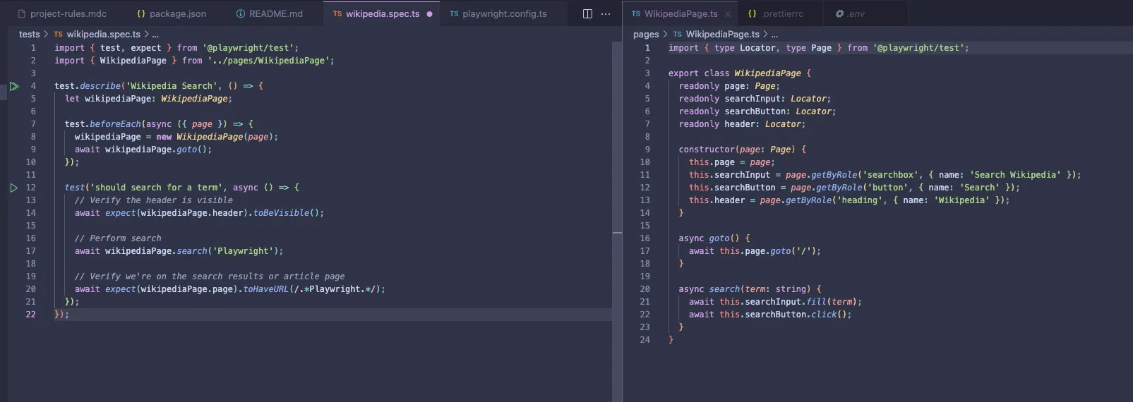 Screenshot of a code editor showing Playwright test setup in TypeScript for a Wikipedia search.