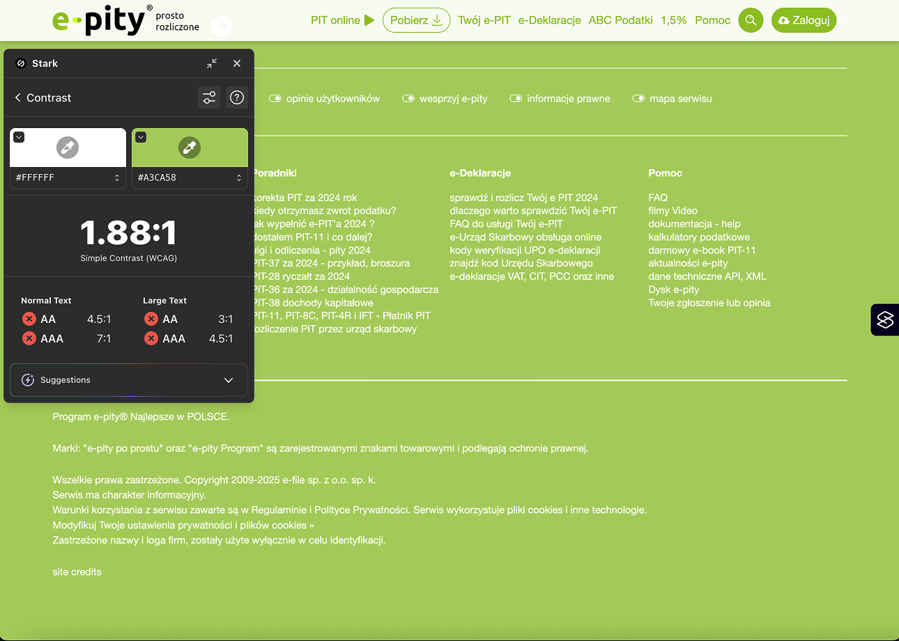 Contrast checker tool showing a contrast ratio of 1.88:1 between white and light green backgrounds, with WCAG failure indicators for normal and large text. Website footer with light green background and white text, displaying navigation links and copyright information.