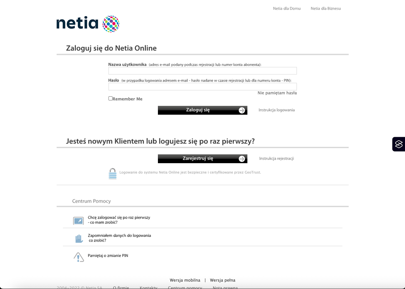Netia Online login page with fields for username and password, login and register buttons, and links to help and password recovery.