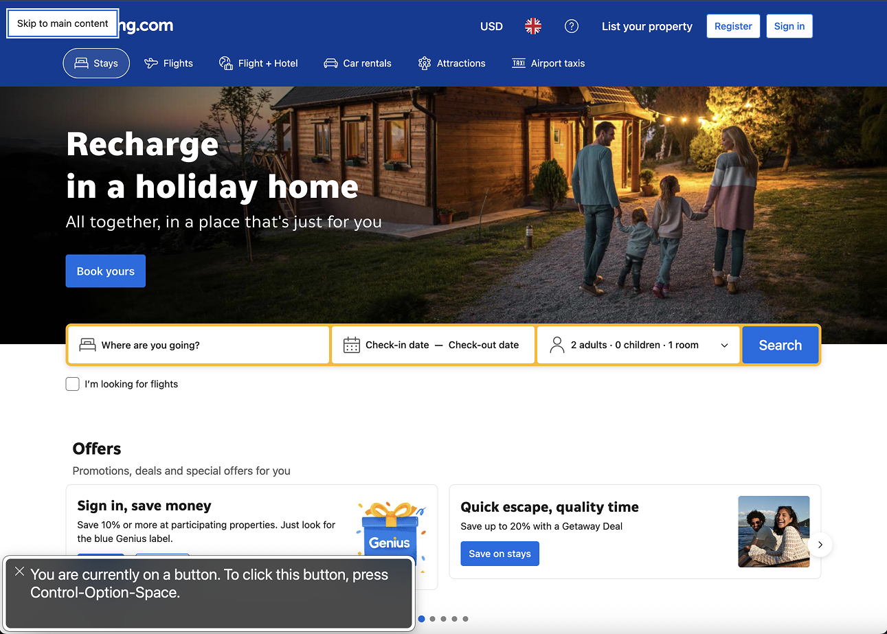 Travel booking homepage with navigation, a banner image of a family at a holiday home, search form for destination, dates, guests, and a 'Search' button.