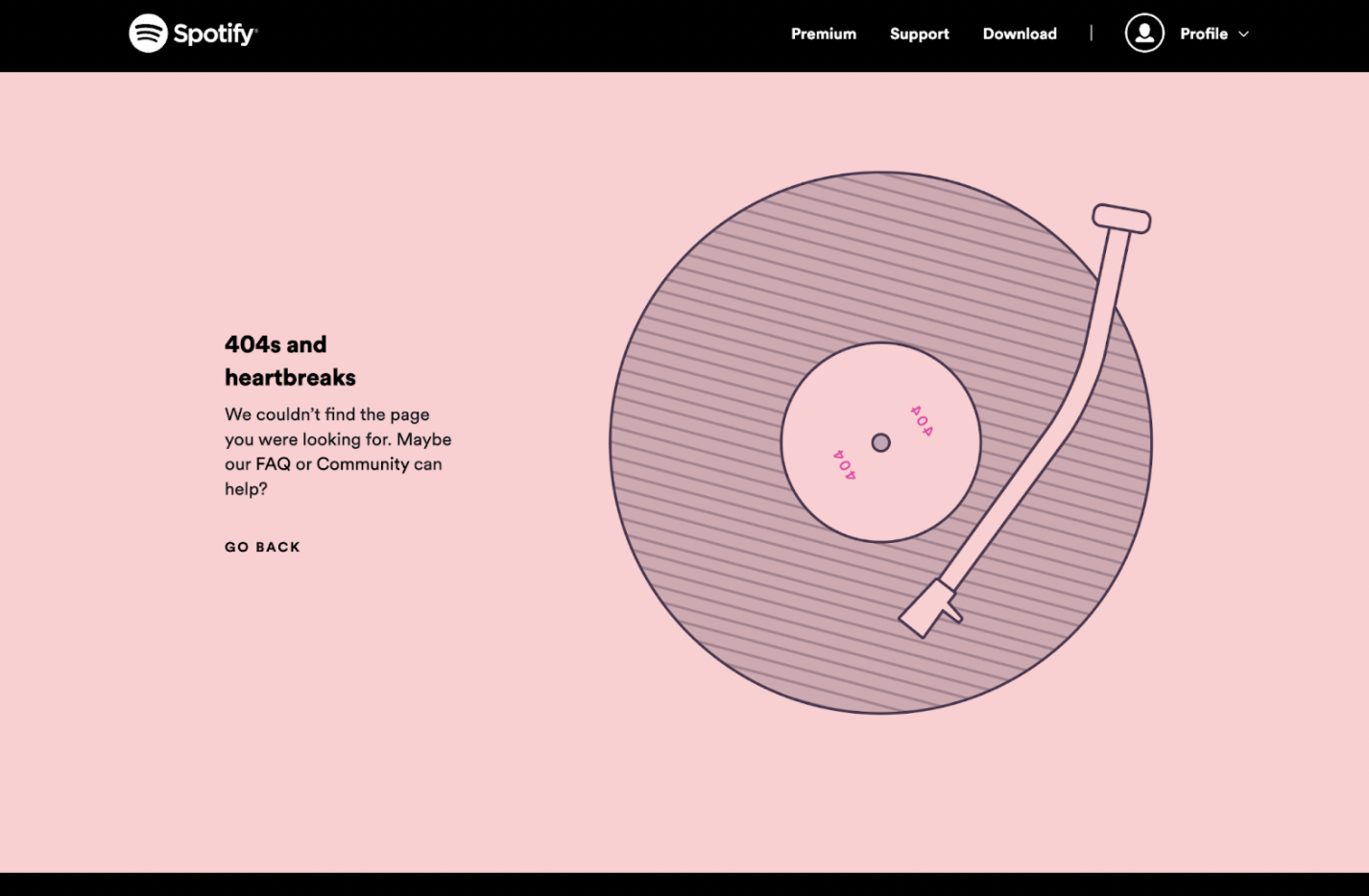 Spotify's creative 404 page with vinyl record design and error message