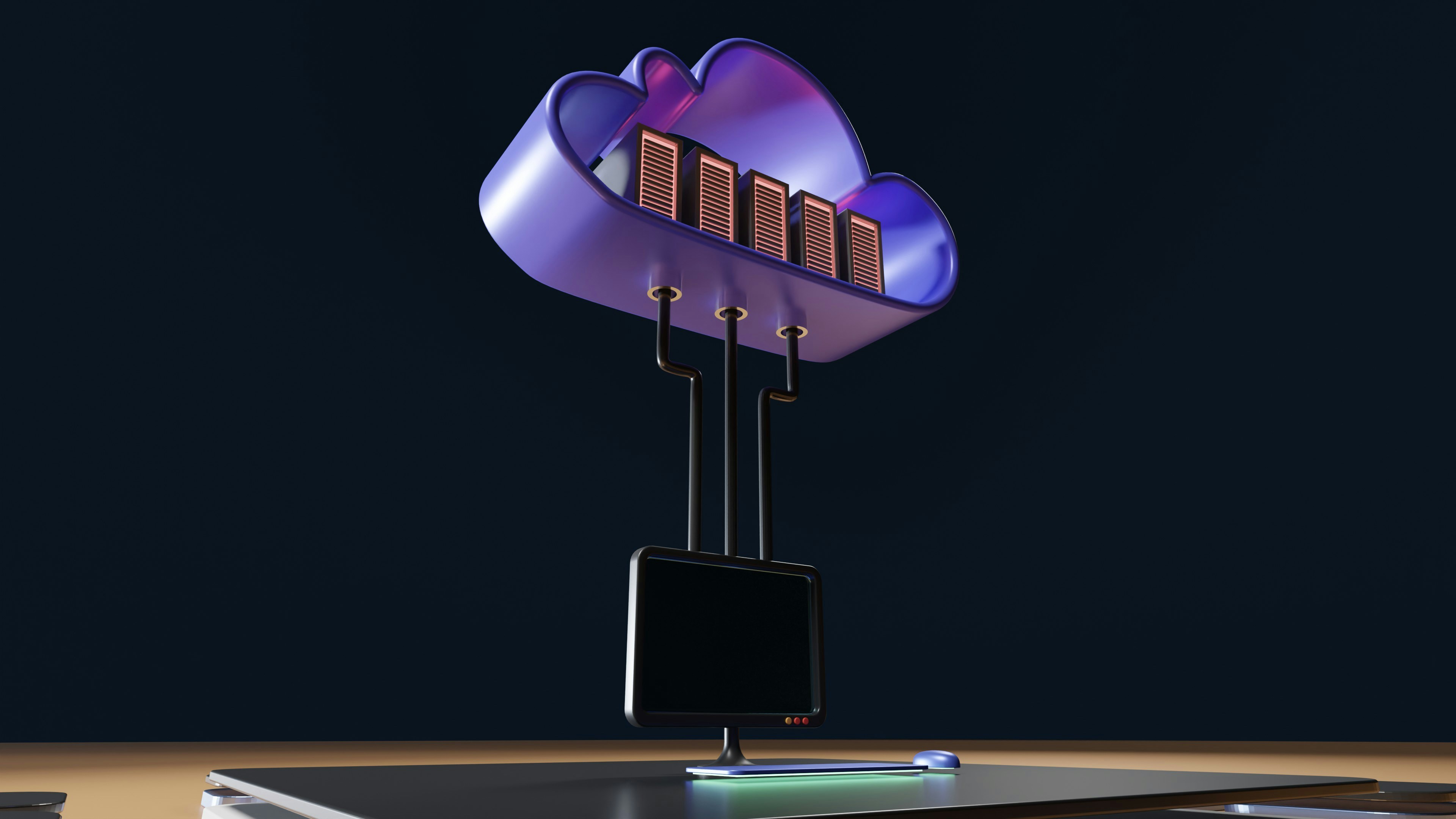 3D illustration of cloud computing concept with a glowing purple cloud containing server racks connected to a computer monitor on a desk.