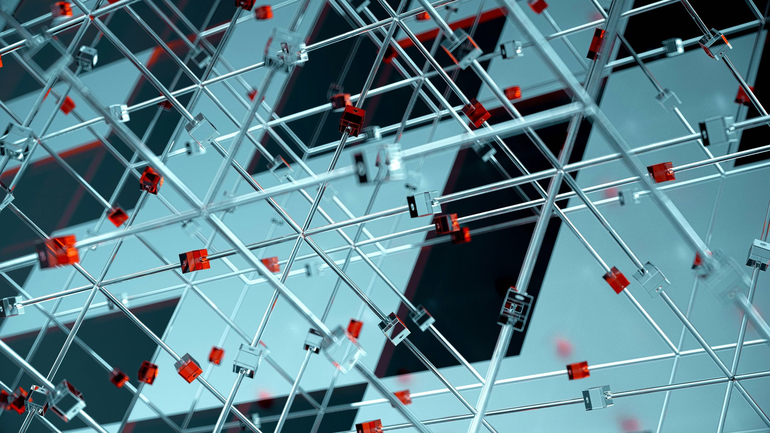 3D network diagram with metallic connections on blue background