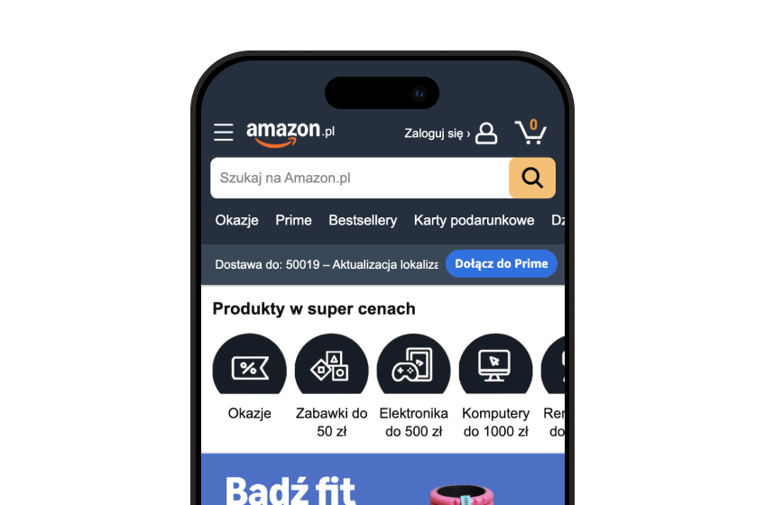 Mobile Amazon.pl homepage showing search bar, navigation menu, shopping cart icon, and product categories.