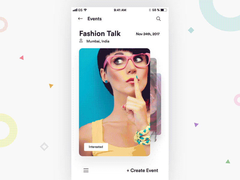 Mobile event app showing Fashion Talk card with swipe animation