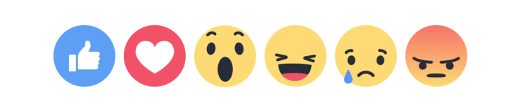 A row of Facebook reaction emojis including thumbs up (like), heart (love), wow (surprised), laughing face (haha), crying face (sad), and angry face, shown as colorful circular icons.