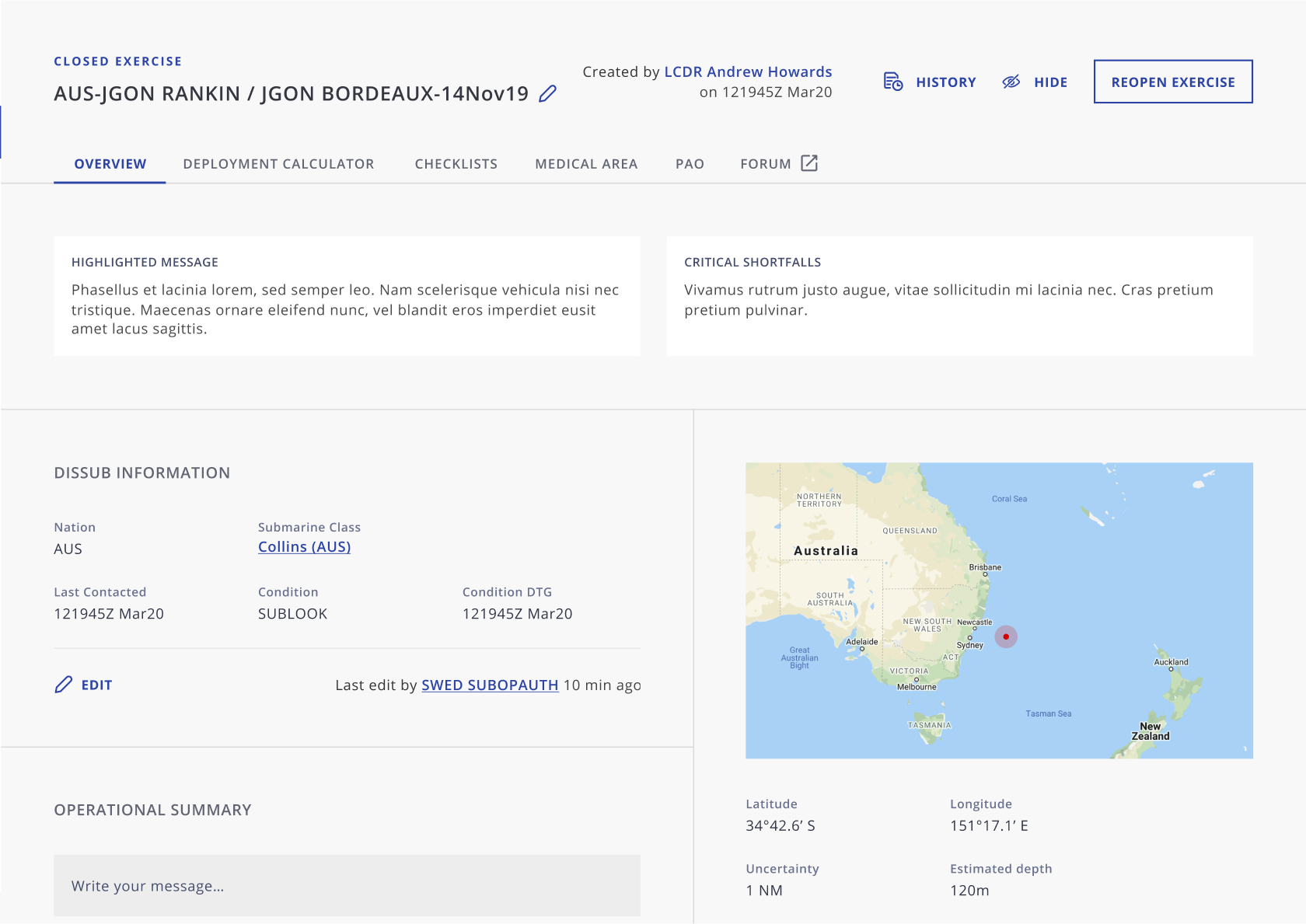 Alert overview dashboard presenting vessel data and map with the latest coordinates of the missing submarine