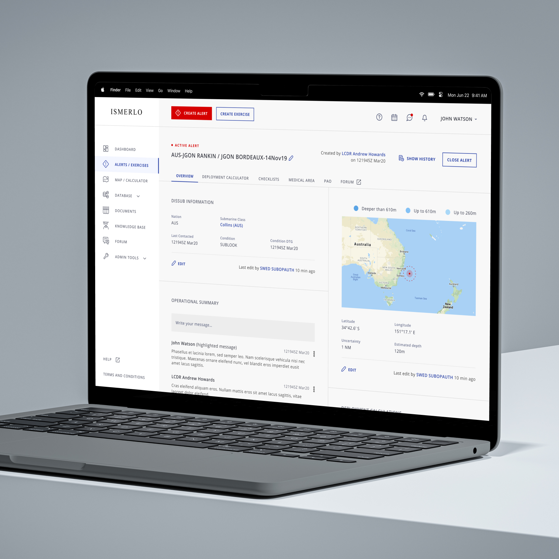 ISMERLO web app interface showing submarine alert details with a map and operational summary.