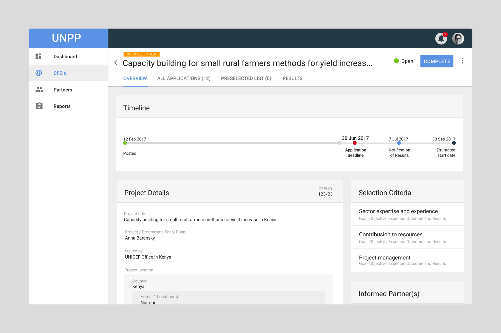 UN Partners Portal application displaying a project overview dashboard. Below the project title and status, the user sees the project timeline, from posting date to estimated start date. The user can also preview sections for project details, informed partners, and selection criteria.
