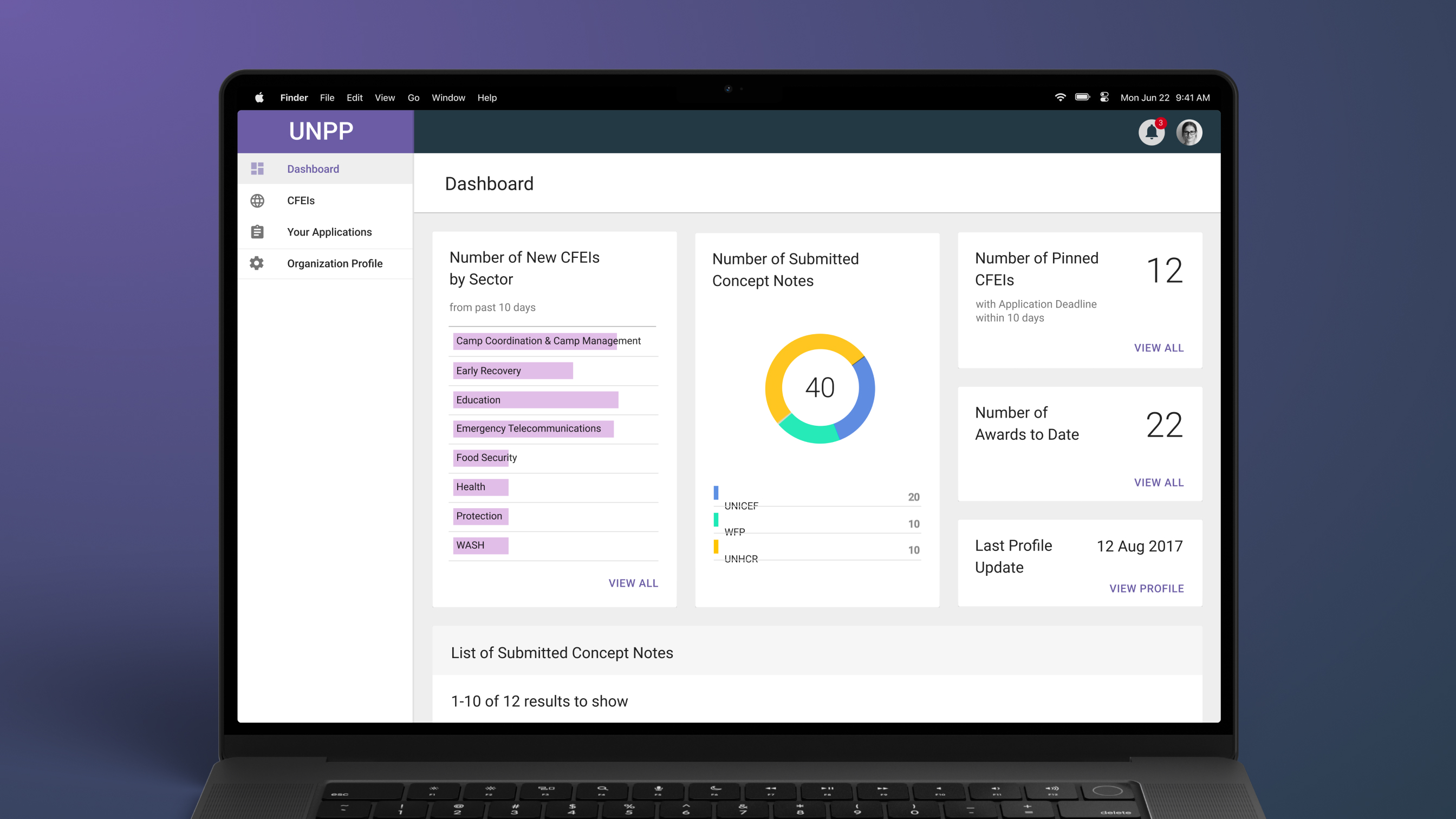 A laptop displaying the UN Partner Portal interface, showing a dashboard with charts, statistics, and a progress circle.
