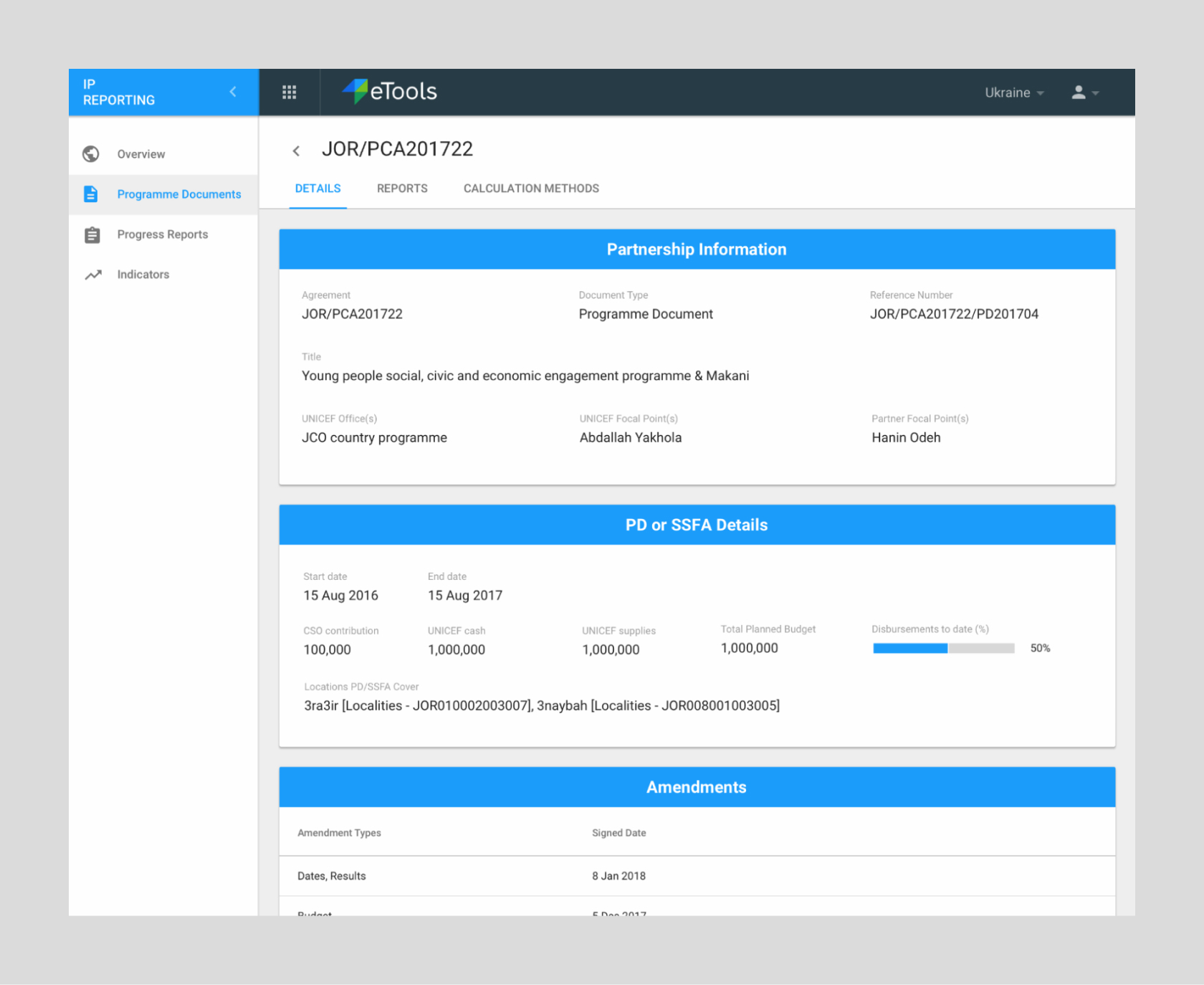 Partner Reporting Platform displaying dashboard with a Programme related documents
